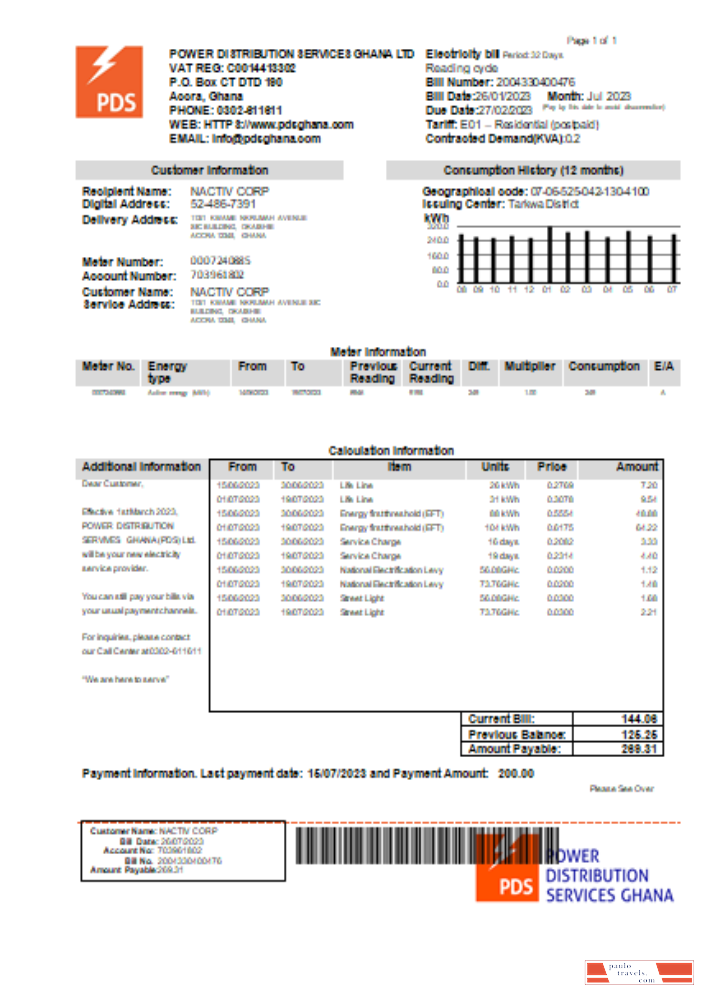 PDS Ghana Limited electricity utility business bill, SCR PSD template